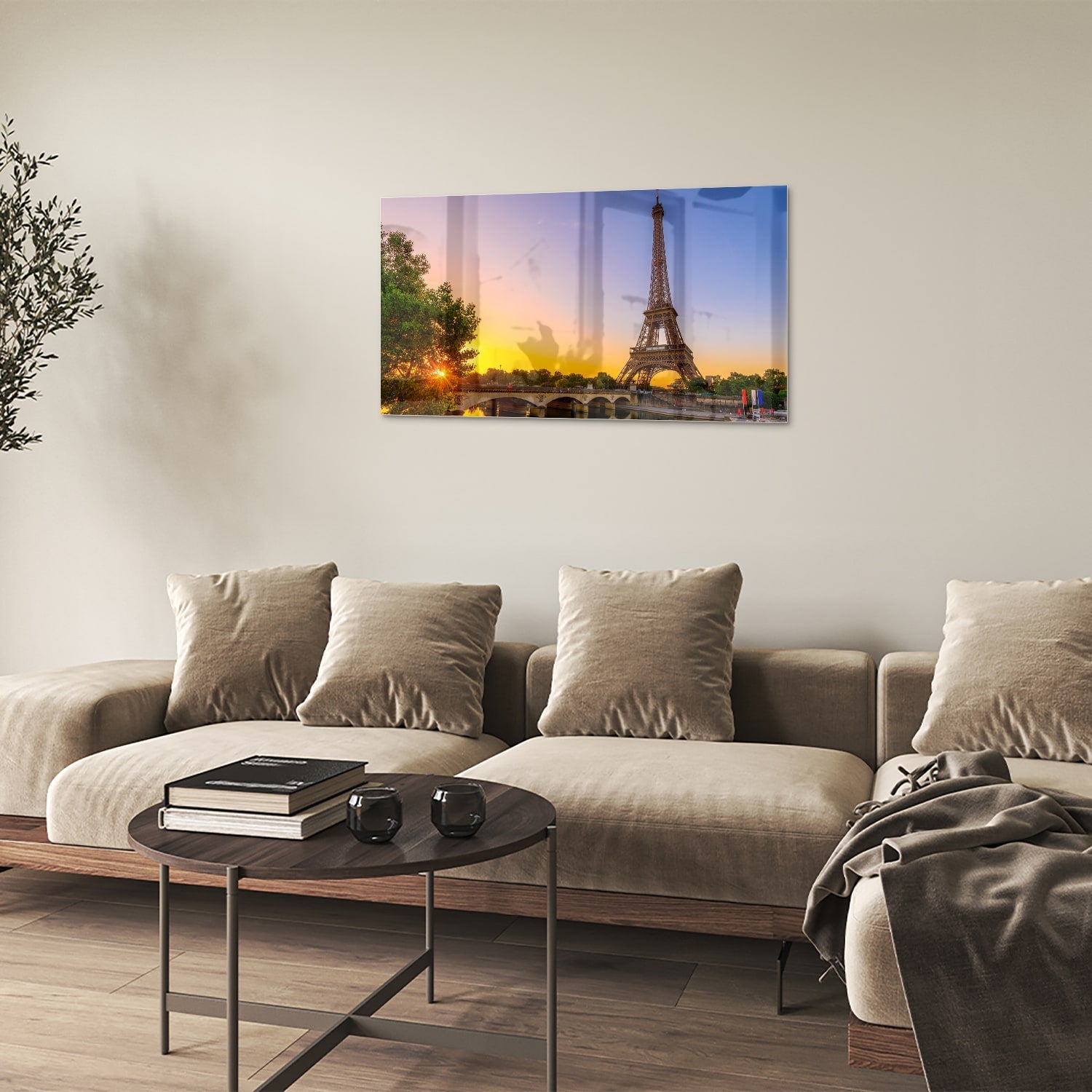 Glasbild mit dem Eiffelturm bei Sonnenuntergang – Glasbild aus Sicherheitsglas, Größe 100x60