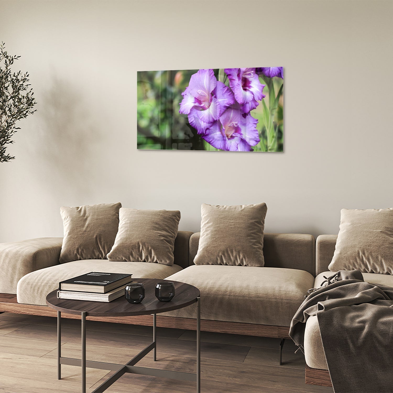 Violette Gladiolen: elegantes Glasbild für Zuhause – Glasbild aus Sicherheitsglas, Größe 100x60