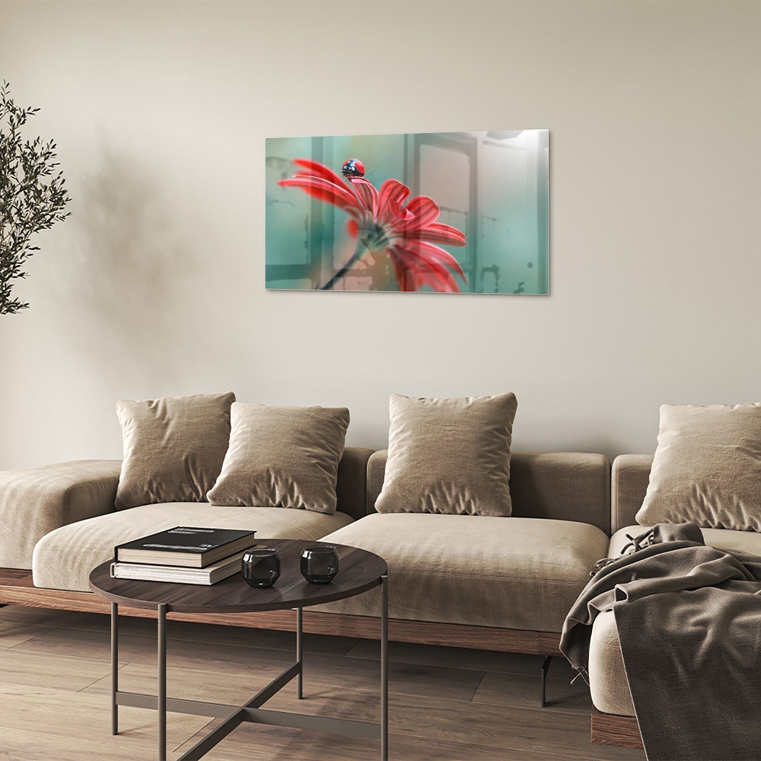 Glasbild mit einer Blume und einem Marienkäfer – Glasbild aus Sicherheitsglas, Größe 100x60