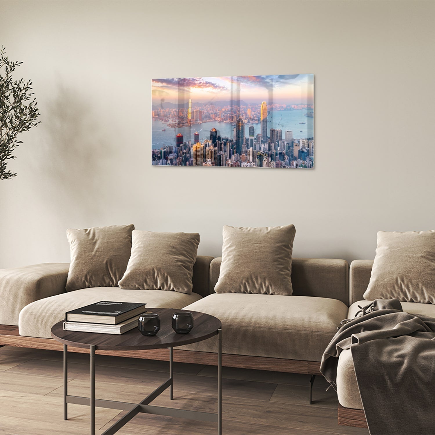 Glasbild mit Stadtansicht bei Sonnenuntergang – Glasbild aus Sicherheitsglas, Größe 100x60