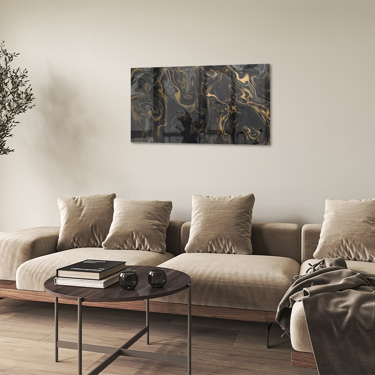 Elegantes schwarz-goldenes Glasbild für Ihr Wohnzimmer – Glasbild aus Sicherheitsglas, Größe 100x60