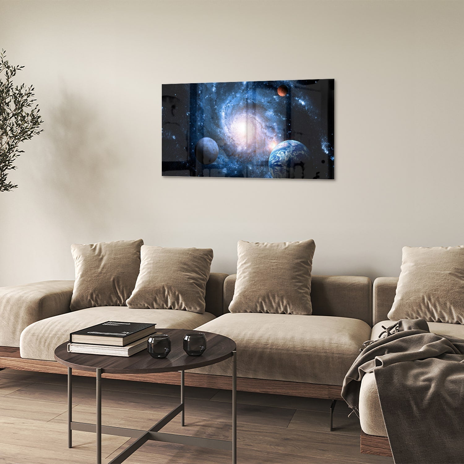 Glasbild mit Weltall und Planeten – Glasbild aus Sicherheitsglas, Größe 100x60