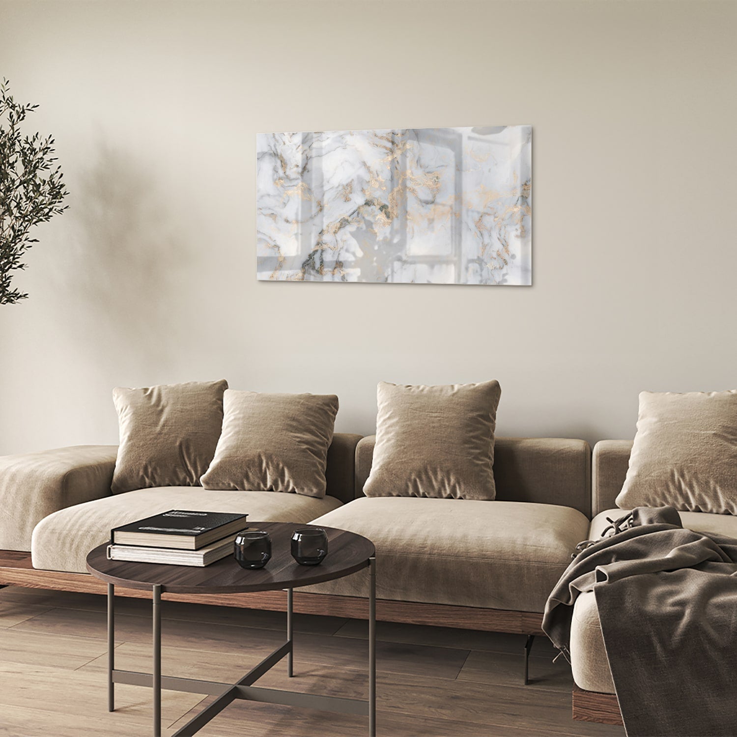 Elegantes Glasbild mit Marmoroptik und goldenen Details – Glasbild aus Sicherheitsglas, Größe 100x60