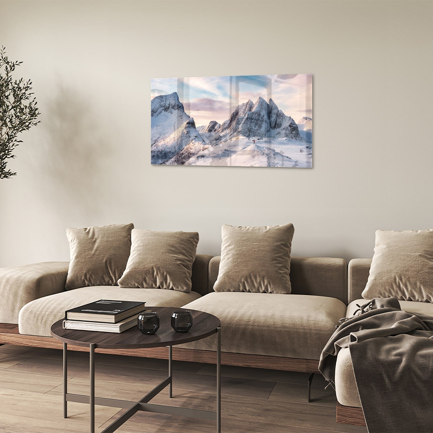Atemberaubendes Glasbild mit verschneiten Bergen – Glasbild aus Sicherheitsglas, Größe 100x60