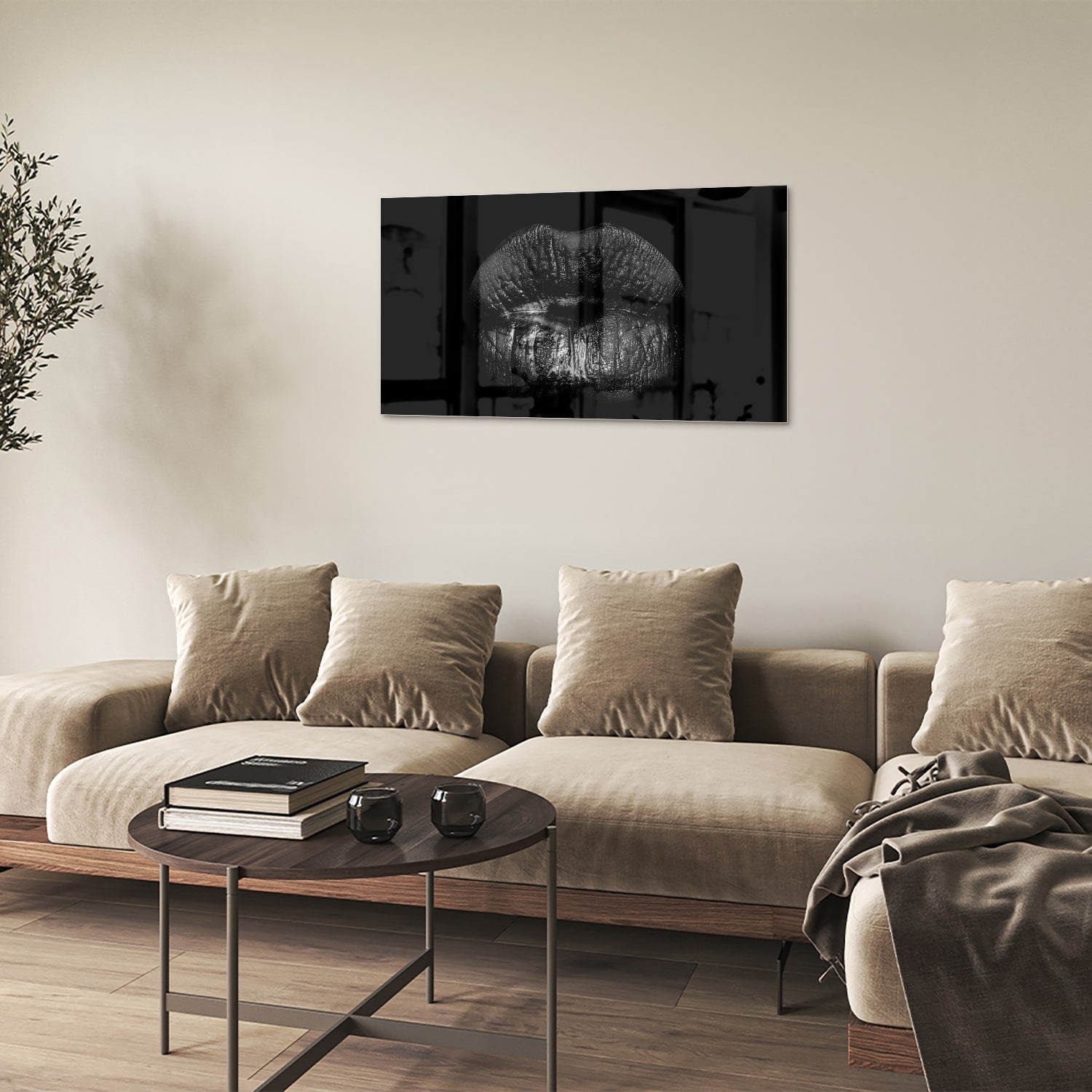 Schwarzes Glasbild mit Lippenprint – Glasbild aus Sicherheitsglas, Größe 100x60