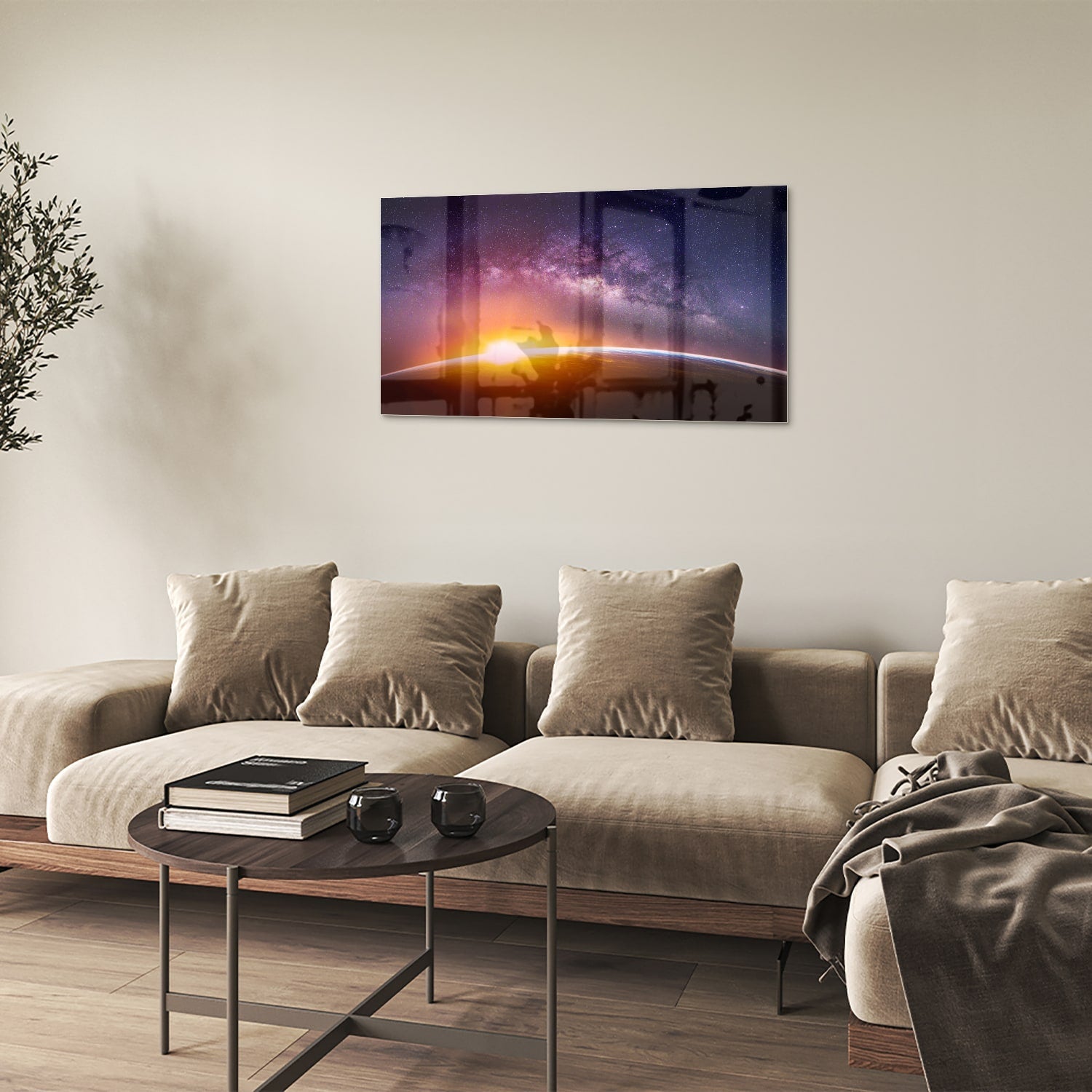 Glasbild mit einem Sternenhimmel bei Sonnenuntergang – Glasbild aus Sicherheitsglas, Größe 100x60