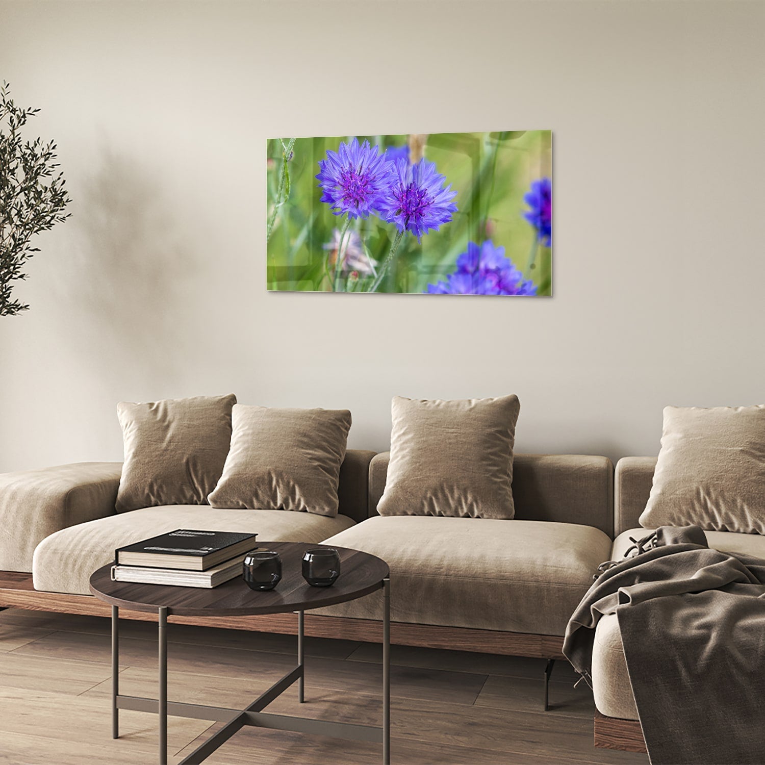 Glasbild mit violetten Blumen für moderne Einrichtungen – Glasbild aus Sicherheitsglas, Größe 100x60