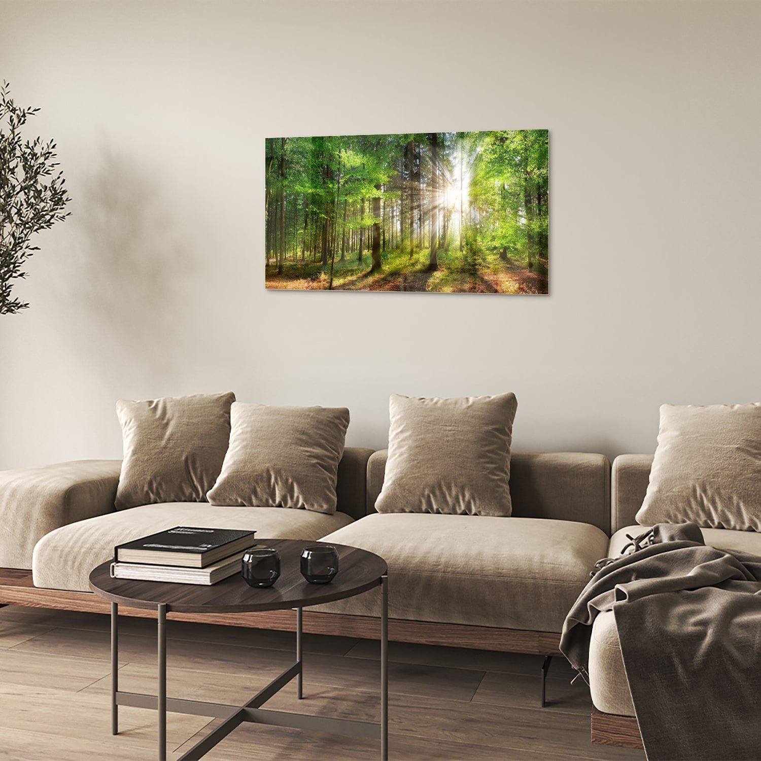 Glasbild mit sonnigem Wald für die Wohndekoration – Glasbild aus Sicherheitsglas, Größe 100x60