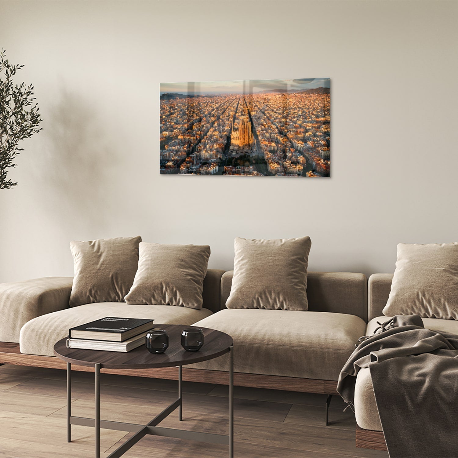 Glasbild mit atemberaubendem Stadtblick bei Sonnenuntergang – Glasbild aus Sicherheitsglas, Größe 100x60
