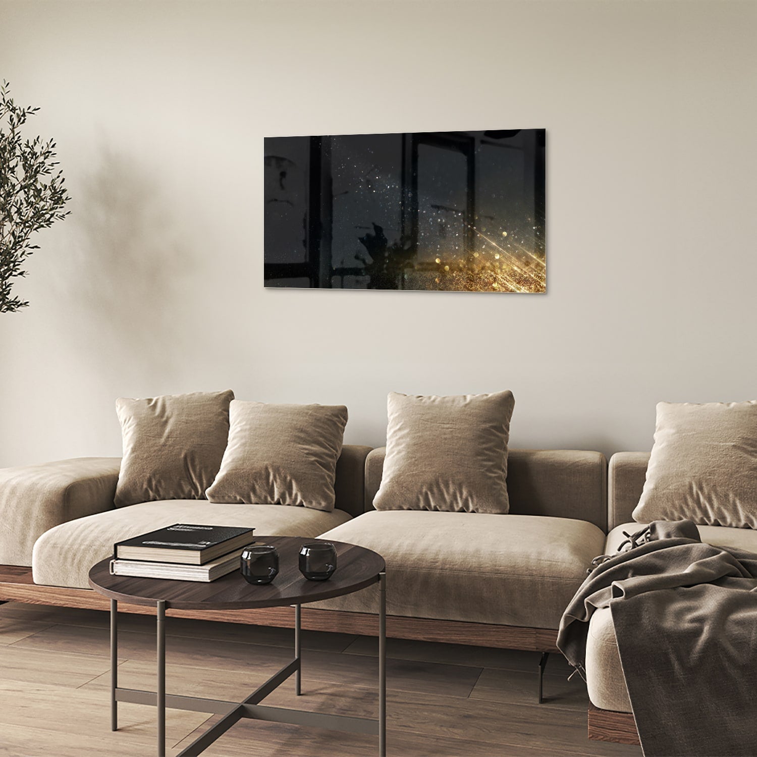 Schwarzes Glasbild mit Sternen und Lichtreflexionen – Glasbild aus Sicherheitsglas, Größe 100x60