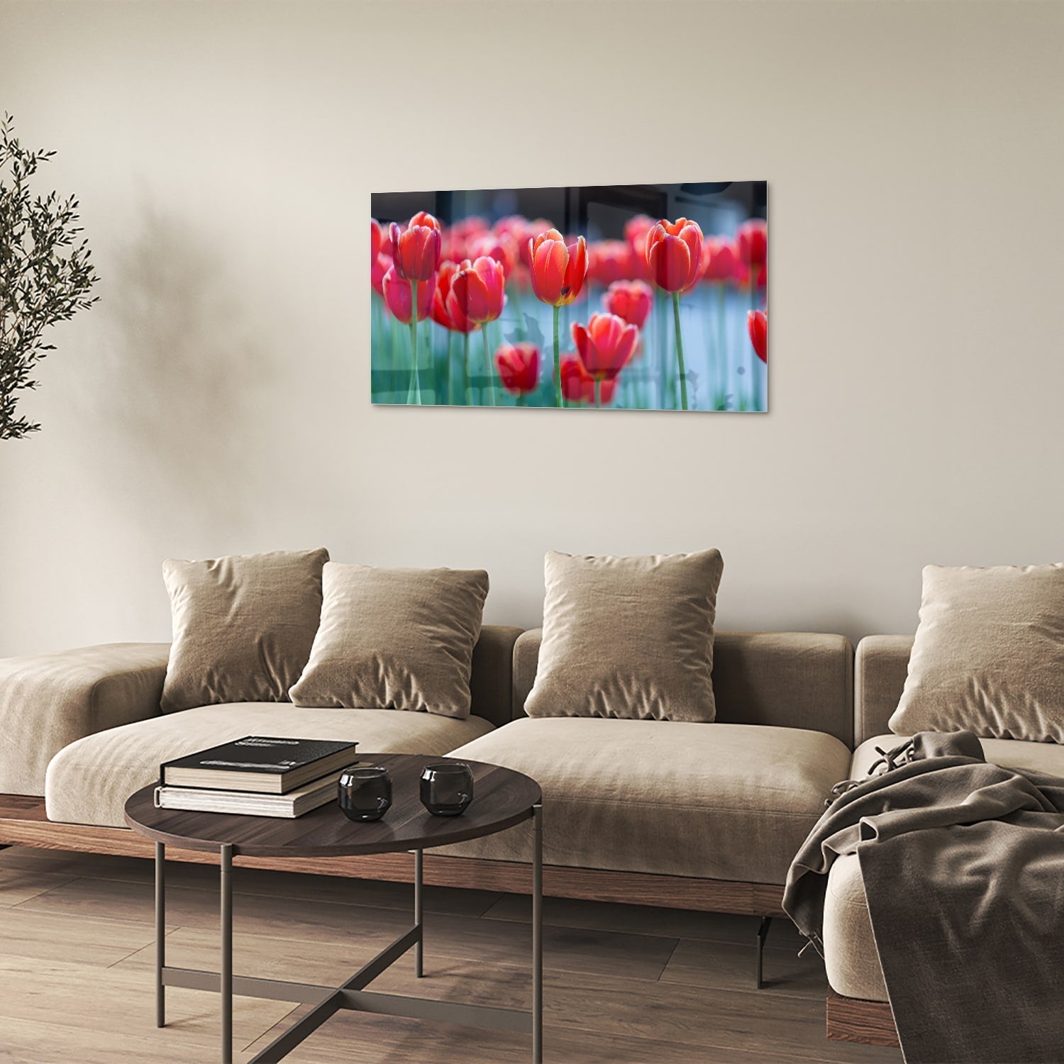 Glasbild – Lebendige rote Tulpen – Glasbild aus Sicherheitsglas, Größe 100x60