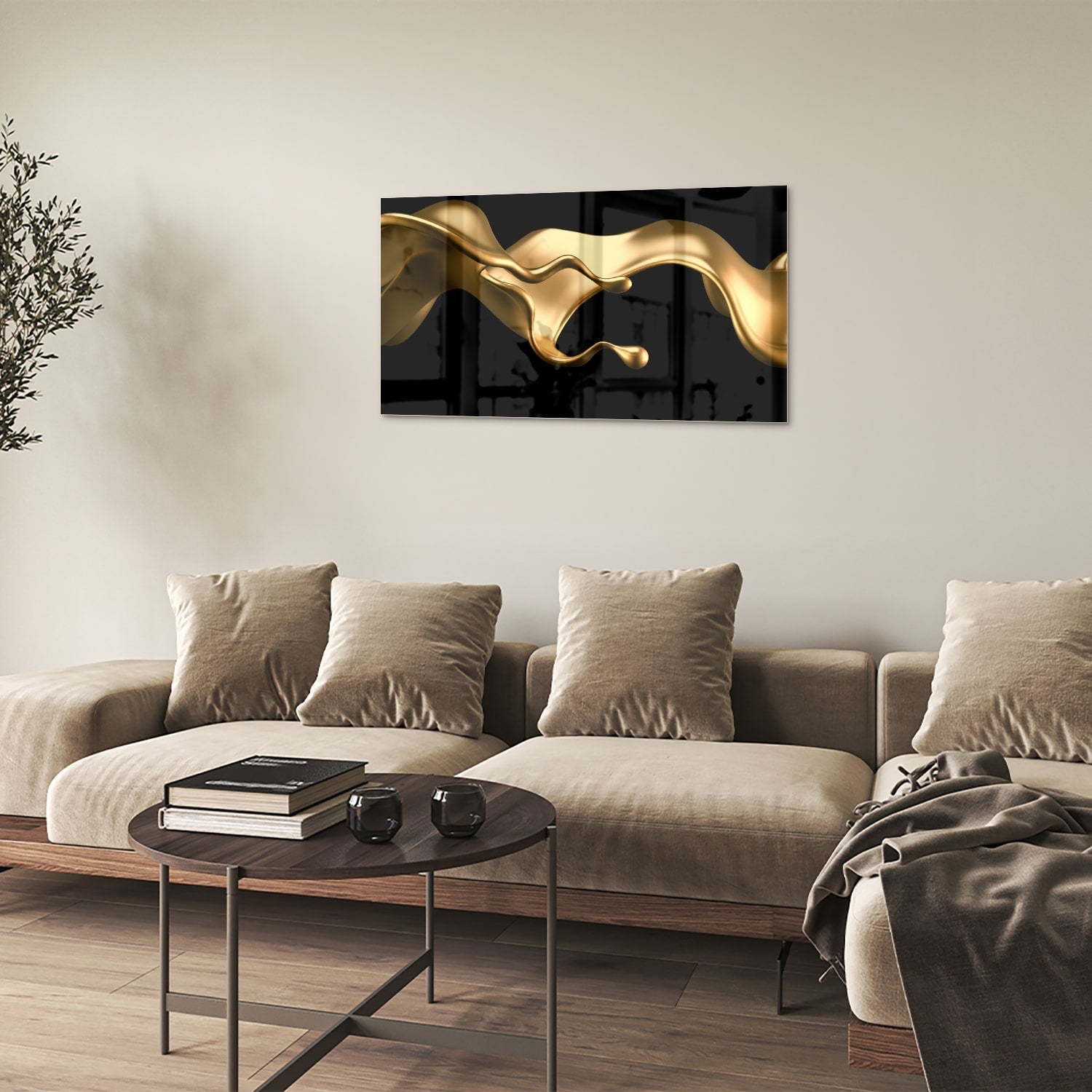 Abstraktes Glasbild mit goldener Welle für elegante Innenräume – Glasbild aus Sicherheitsglas, Größe 100x60