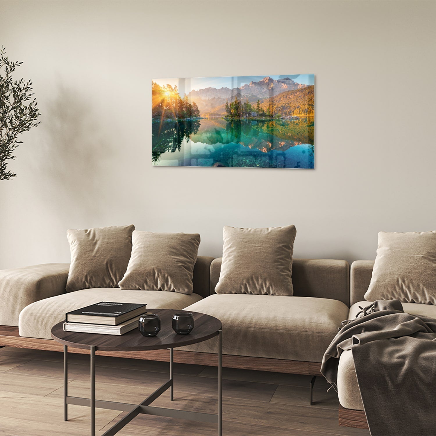 Wunderschönes Glasbild mit Berglandschaft und See – Glasbild aus Sicherheitsglas, Größe 100x60