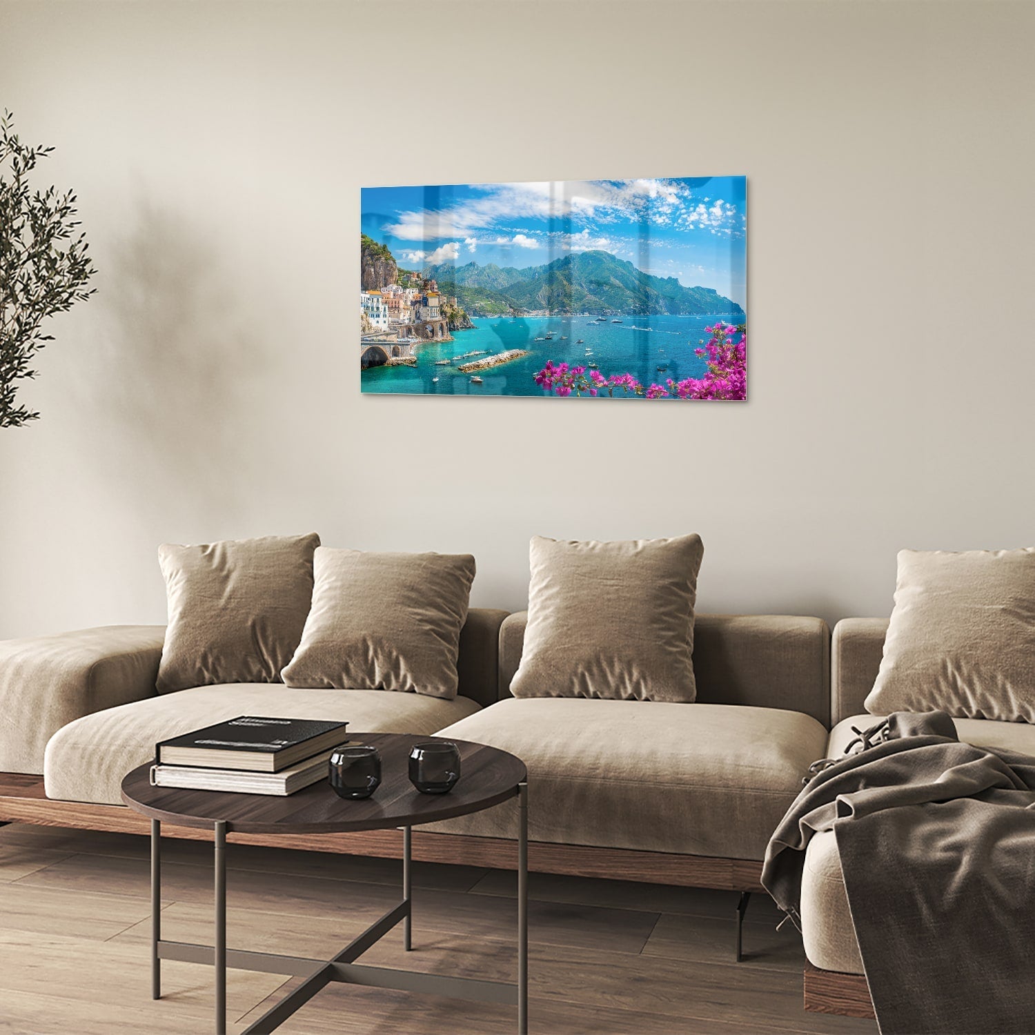 Glasbild mit blauem See und Bergen – Glasbild aus Sicherheitsglas, Größe 100x60