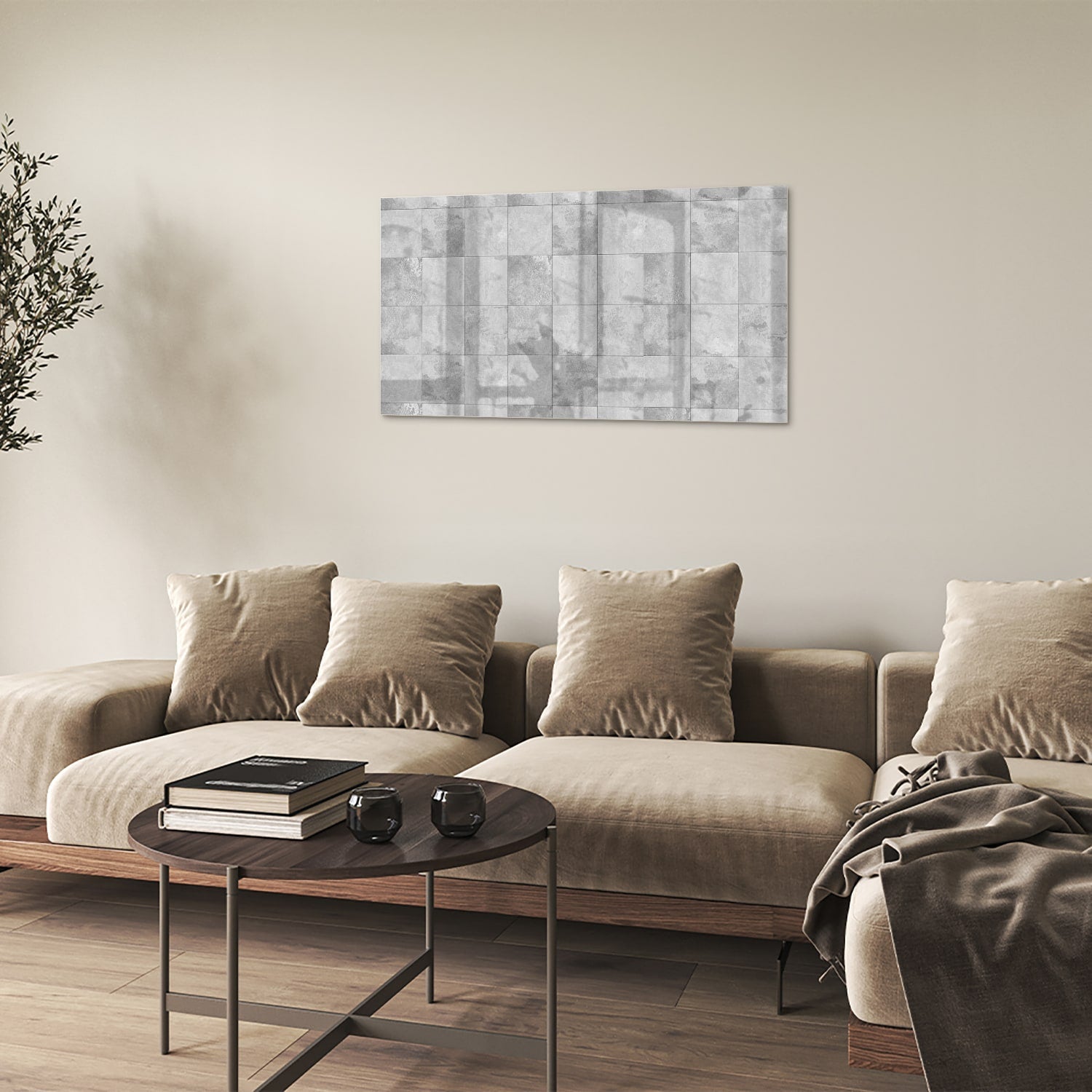 Modernes Glasbild mit abstrakten Grautönen – Glasbild aus Sicherheitsglas, Größe 100x60