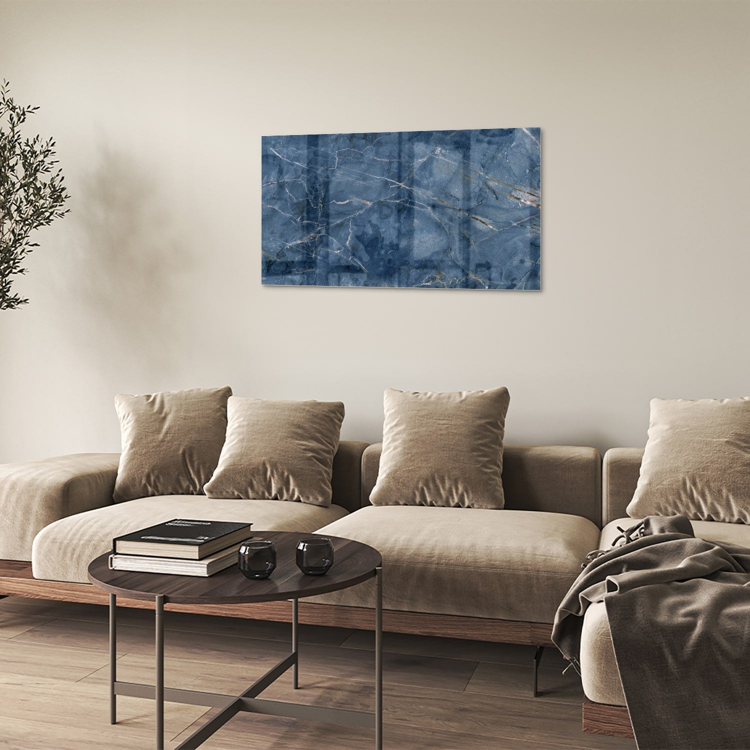 Blaues Glasbild mit Marmoroptik – Glasbild aus Sicherheitsglas, Größe 100x60