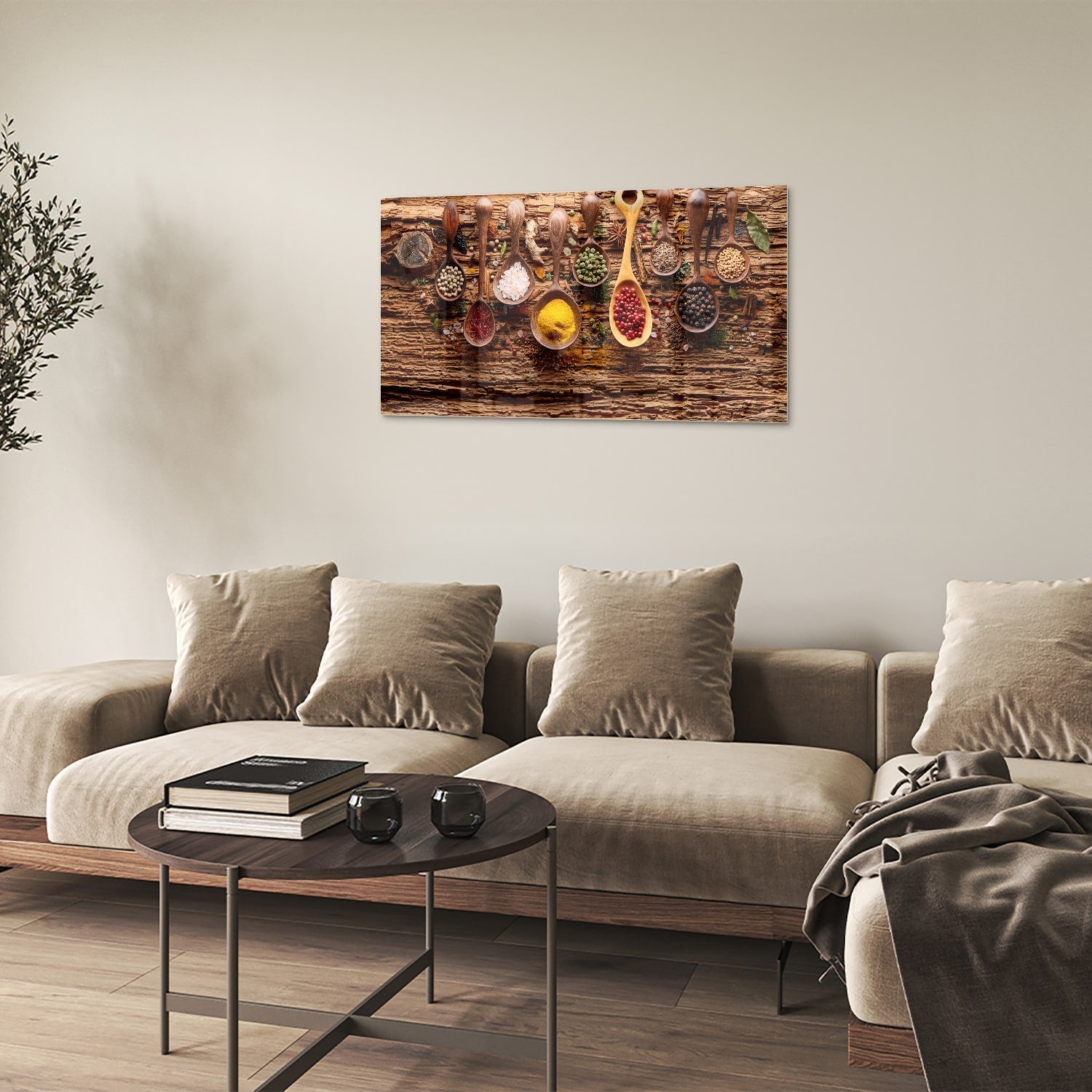 Buntes Glasbild mit Gewürzen und Löffelmotiven – Glasbild aus Sicherheitsglas, Größe 100x60