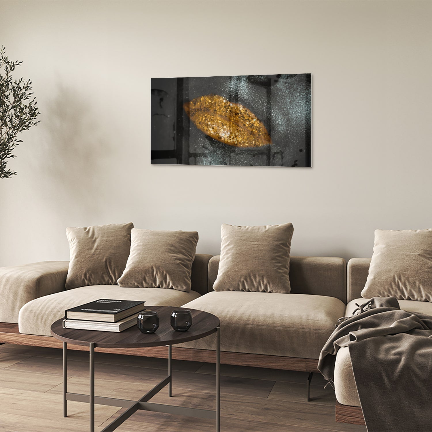Glasbild mit goldenem Blatt für Ihr Interieur – Glasbild aus Sicherheitsglas, Größe 100x60