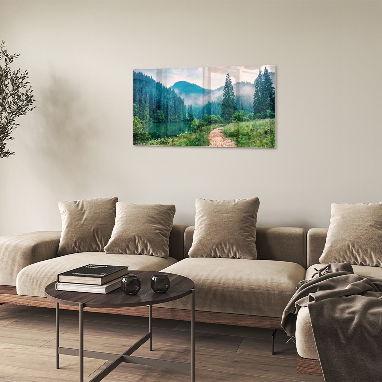 Stimmungsvolles Glasbild mit einer Berglandschaft – Glasbild aus Sicherheitsglas, Größe 100x60