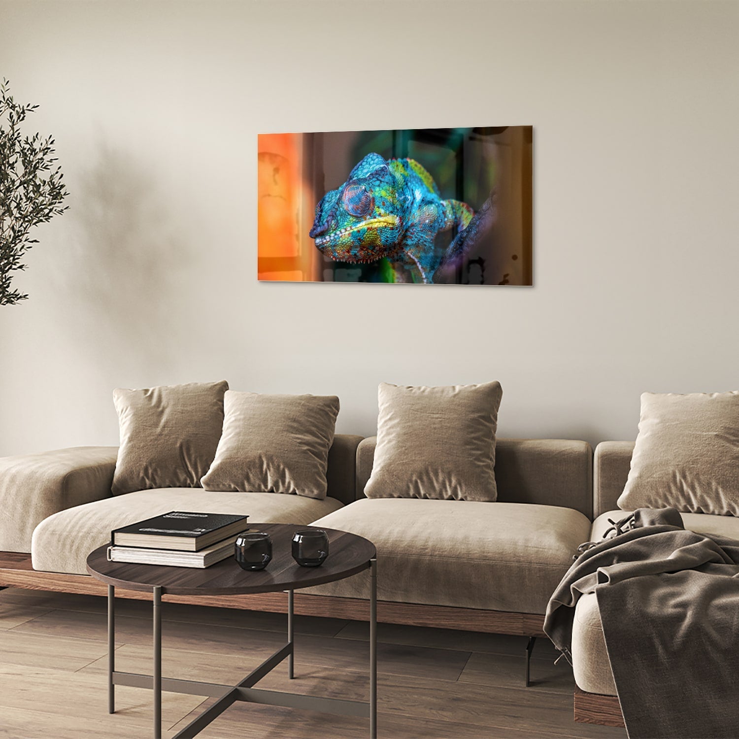 Farbenfrohes Chamäleon-Glasbild für Ihr Interieur – Glasbild aus Sicherheitsglas, Größe 100x60