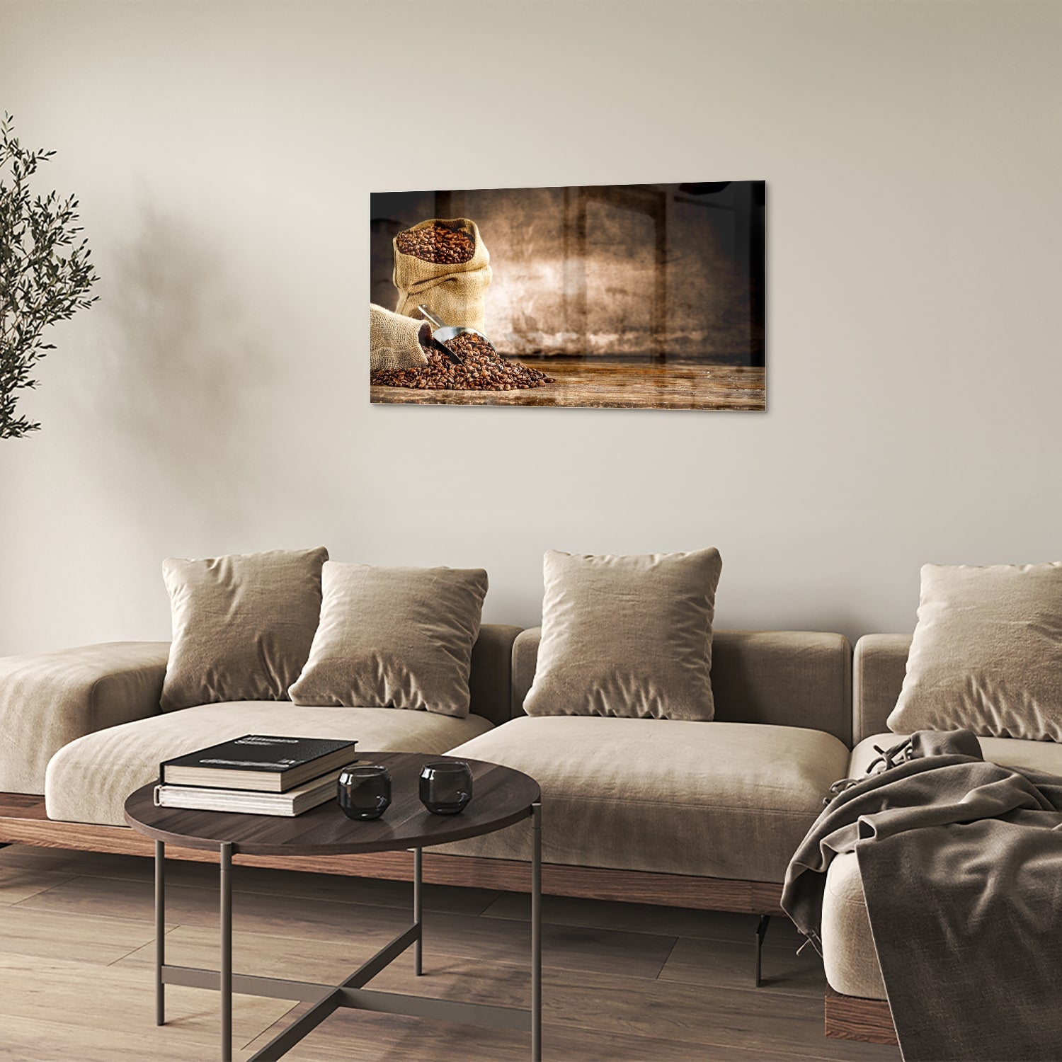 Glasbild mit Kaffee und Natur – Glasbild aus Sicherheitsglas, Größe 100x60