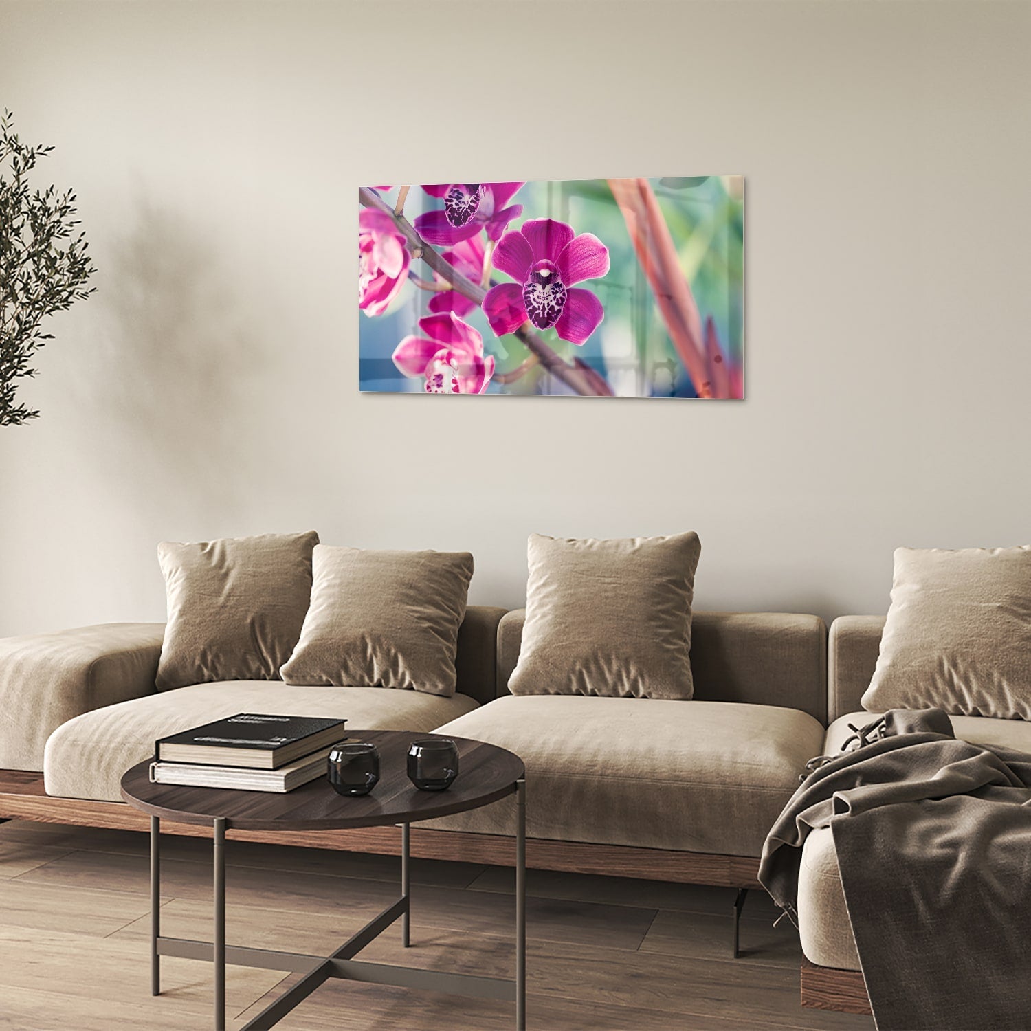 Wunderschönes Glasbild mit violetten Orchideen – Glasbild aus Sicherheitsglas, Größe 100x60