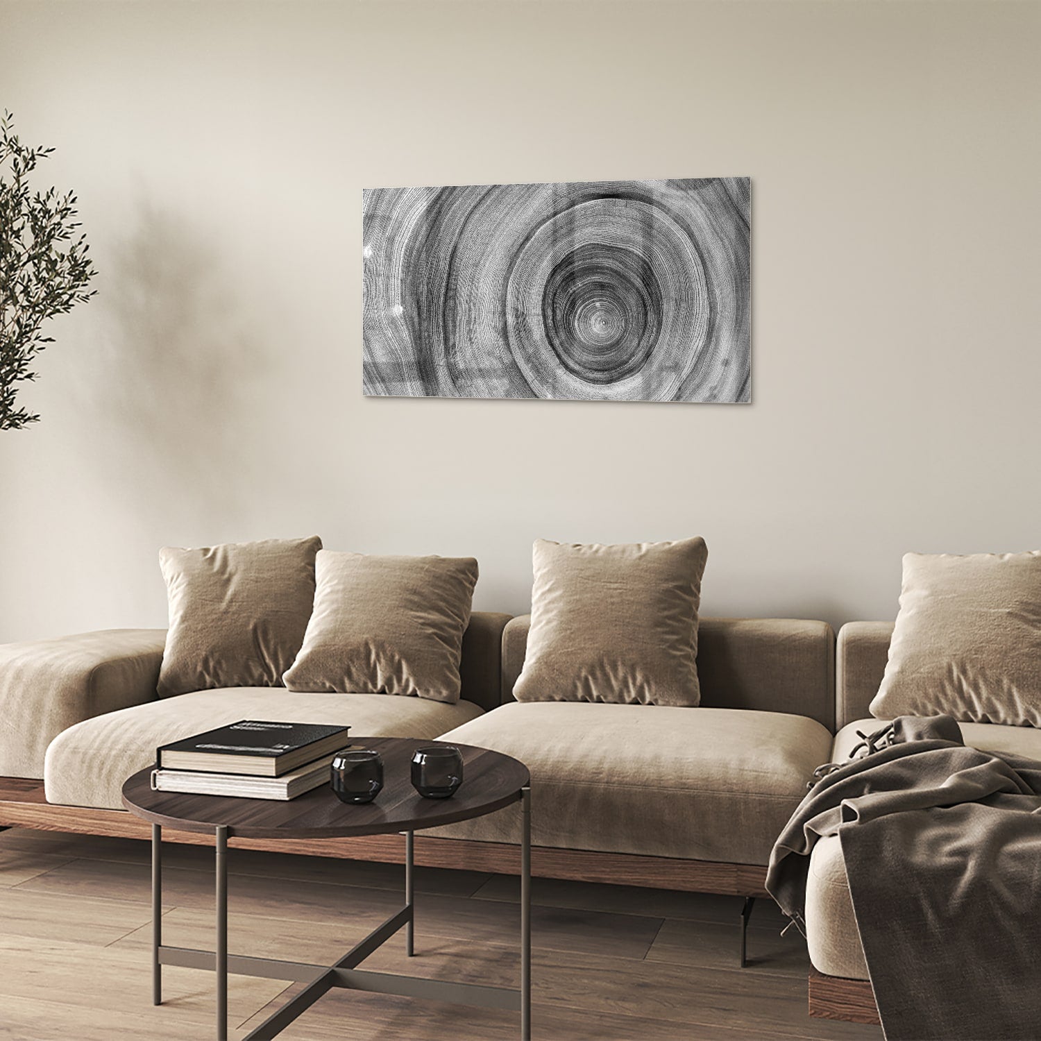 Abstraktes graues Glasbild mit Kreisen – Glasbild aus Sicherheitsglas, Größe 100x60