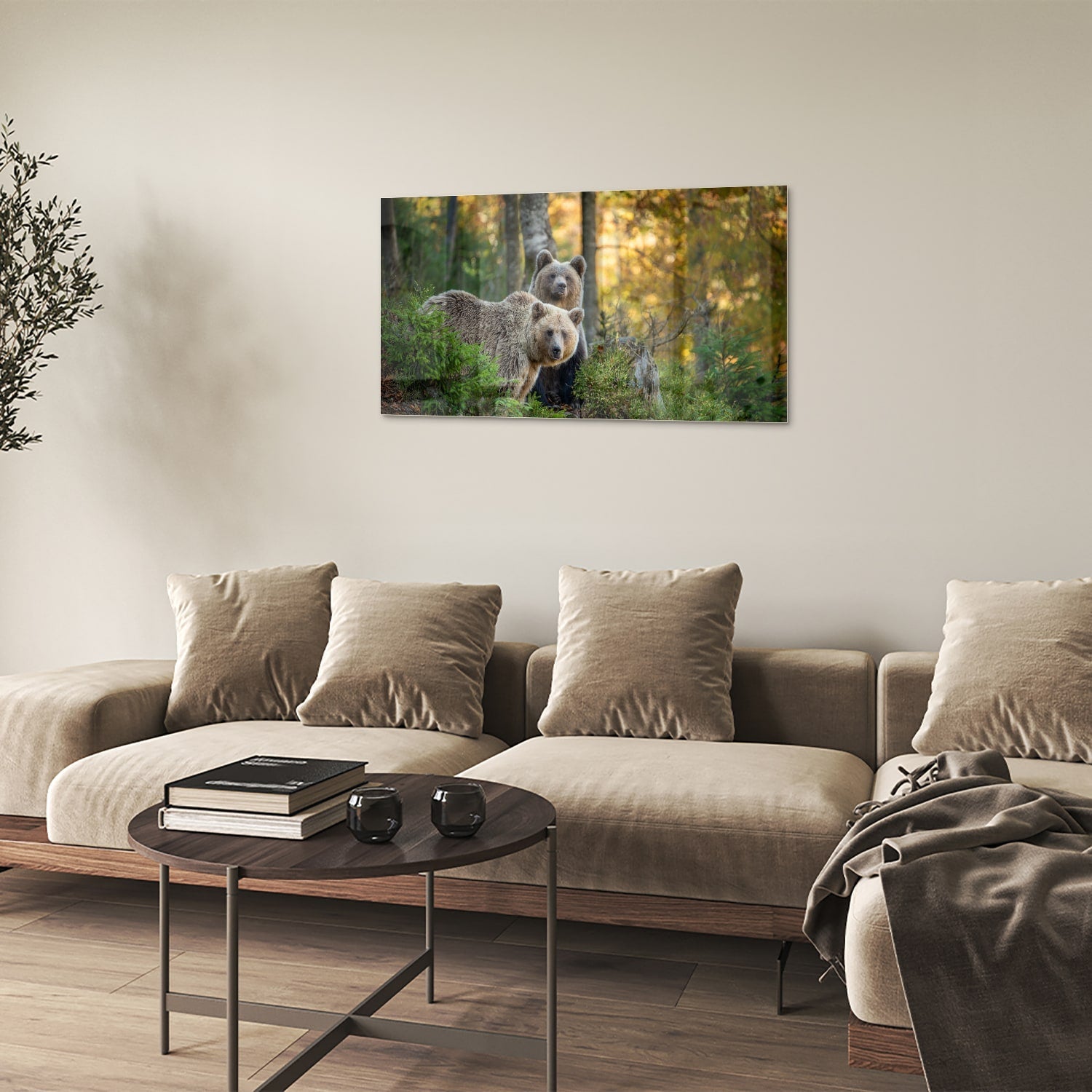 Glasbild mit zwei niedlichen Bären im Wald – Glasbild aus Sicherheitsglas, Größe 100x60