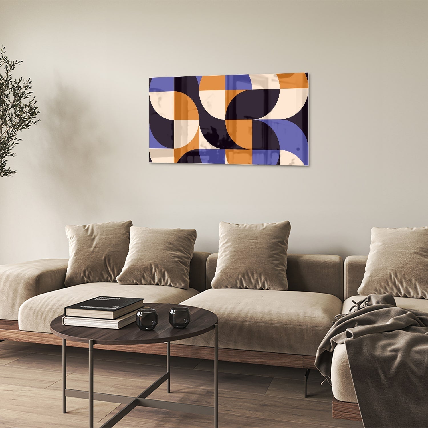 Abstraktes Glasbild in blauen und Orangetönen – Glasbild aus Sicherheitsglas, Größe 100x60