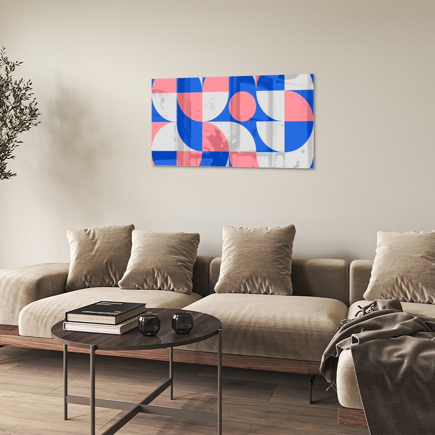 Abstraktes Glasbild mit blauen und rosa Farbtönen – Glasbild aus Sicherheitsglas, Größe 100x60