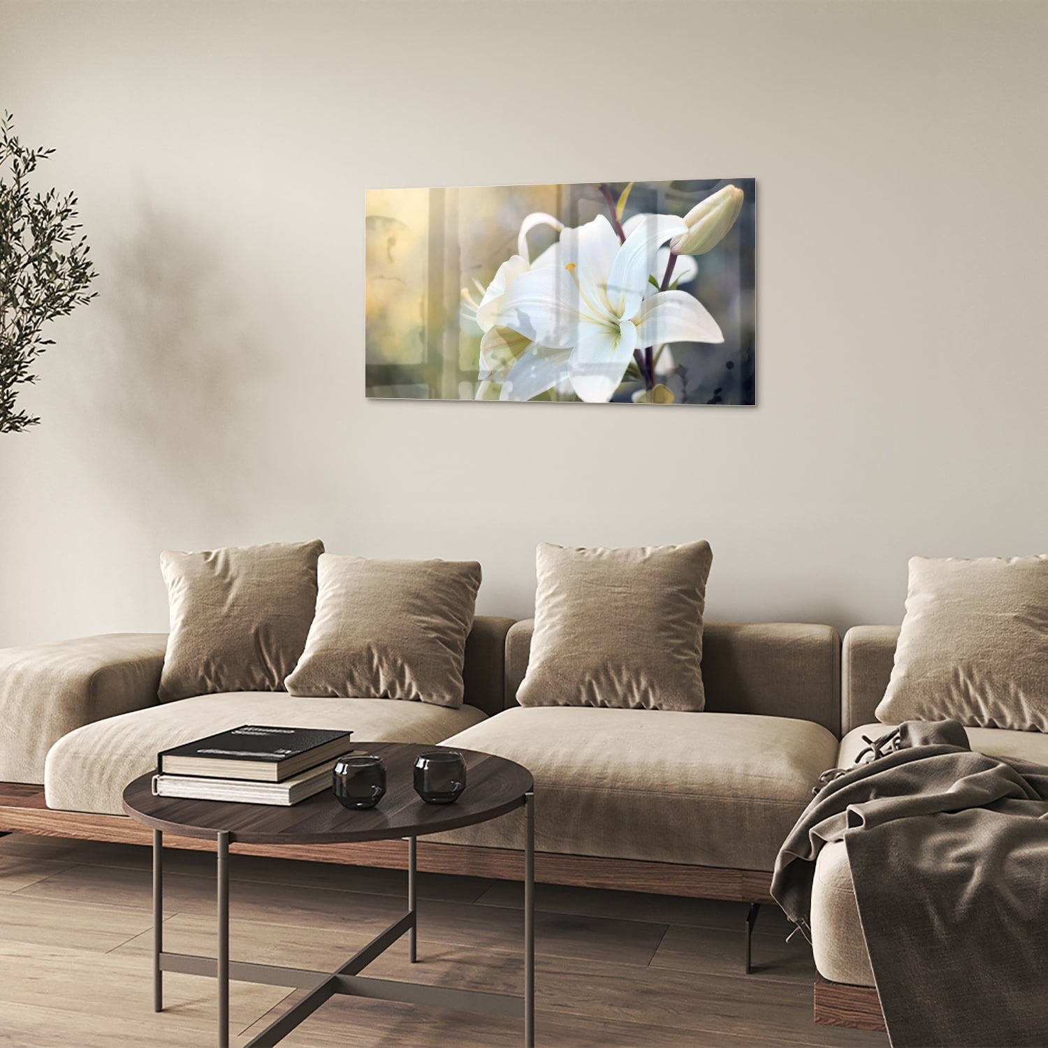 Elegantes Glasbild mit weißer Lilie – Glasbild aus Sicherheitsglas, Größe 100x60