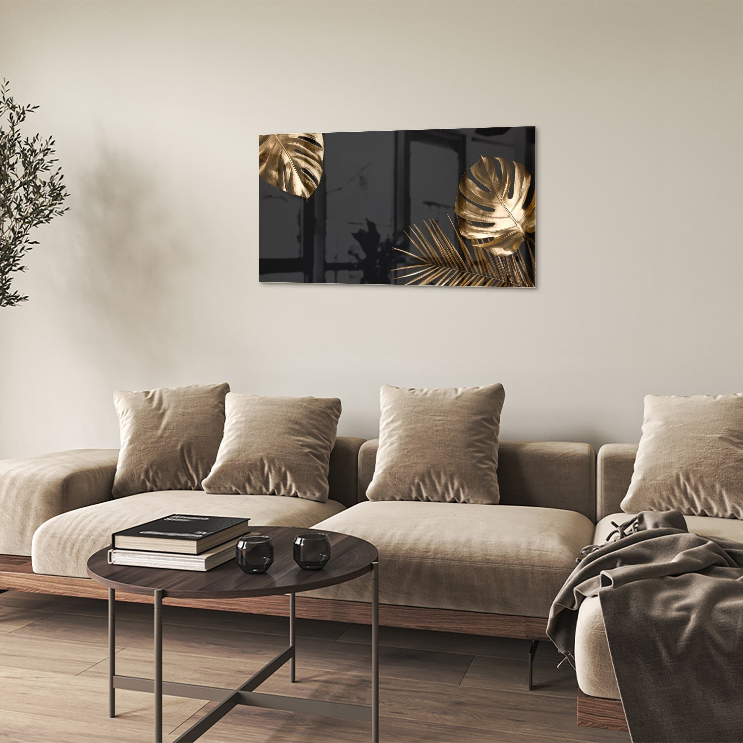 Glänzendes Glasbild mit goldenen Blättern – Glasbild aus Sicherheitsglas, Größe 100x60