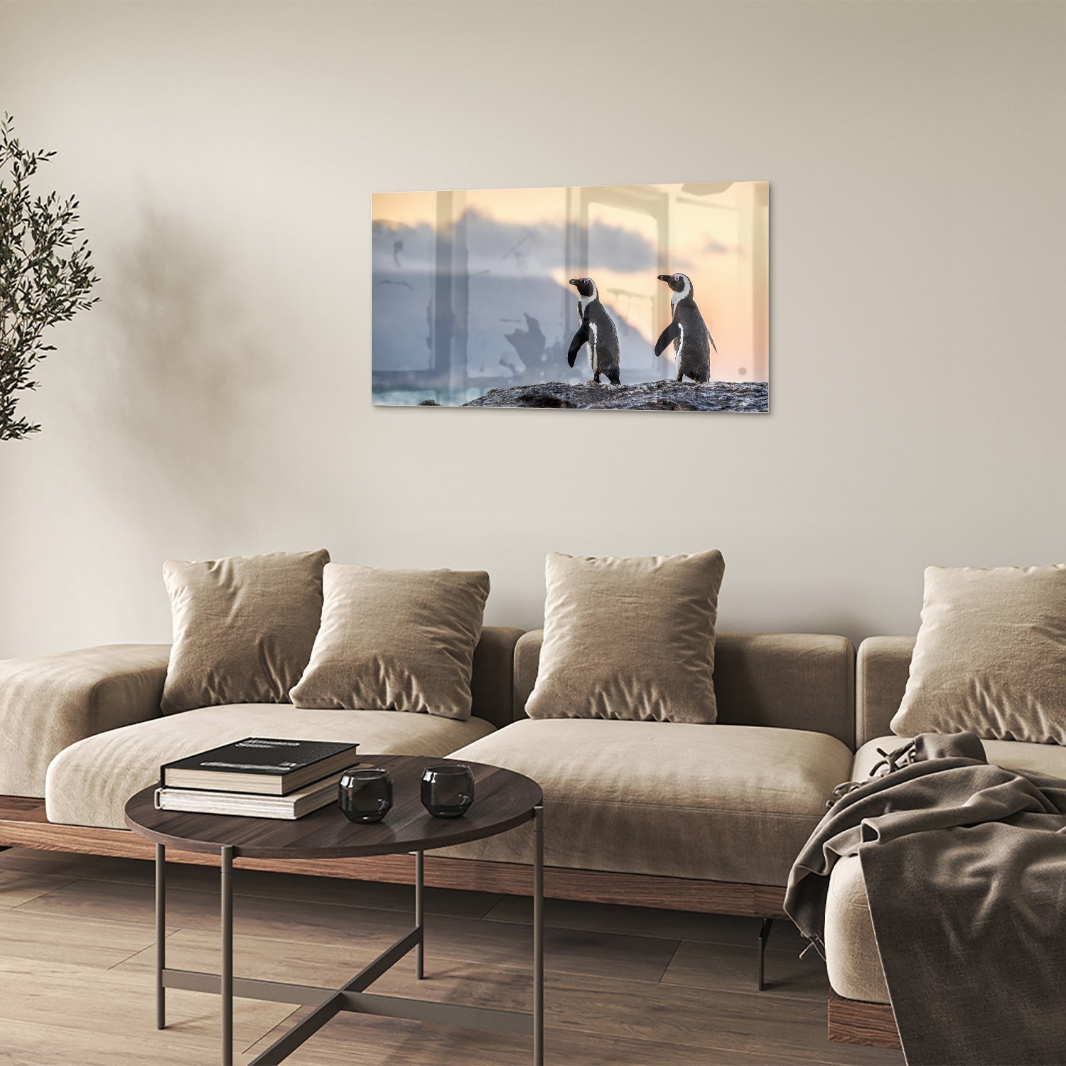 Glasbild mit Pinguinen bei Sonnenuntergang – Glasbild aus Sicherheitsglas, Größe 100x60