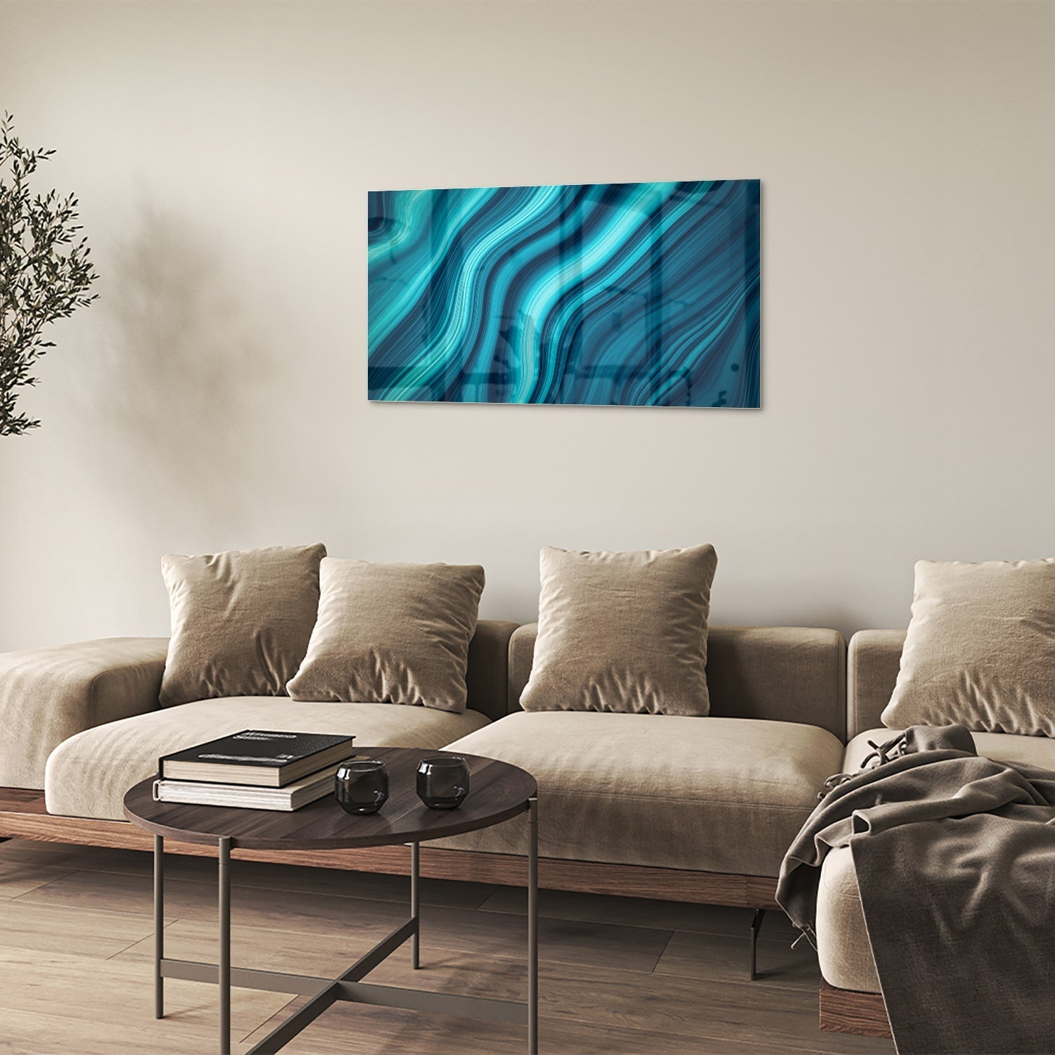 Stilvolles Glasbild mit blauen Wellen – Glasbild aus Sicherheitsglas, Größe 100x60