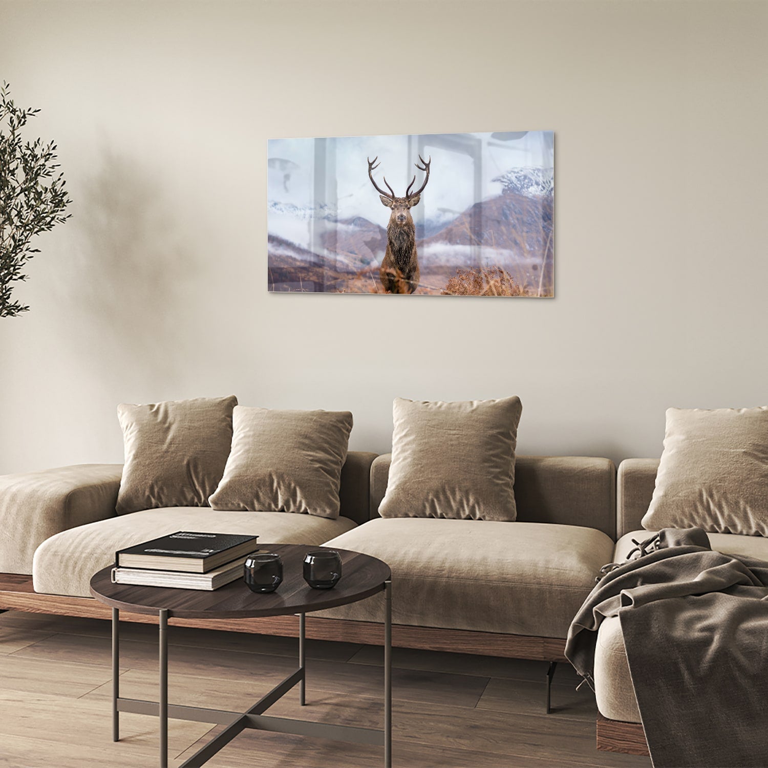 Glasbild mit majestätischem Hirsch in einer ruhigen Berglandschaft – Glasbild aus Sicherheitsglas, Größe 100x60