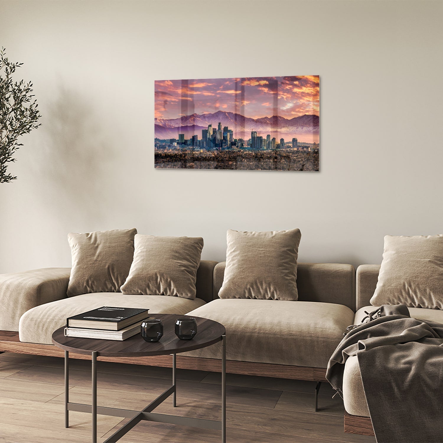 Glasbild Stadtpanorama bei Sonnenuntergang – Glasbild aus Sicherheitsglas, Größe 100x60