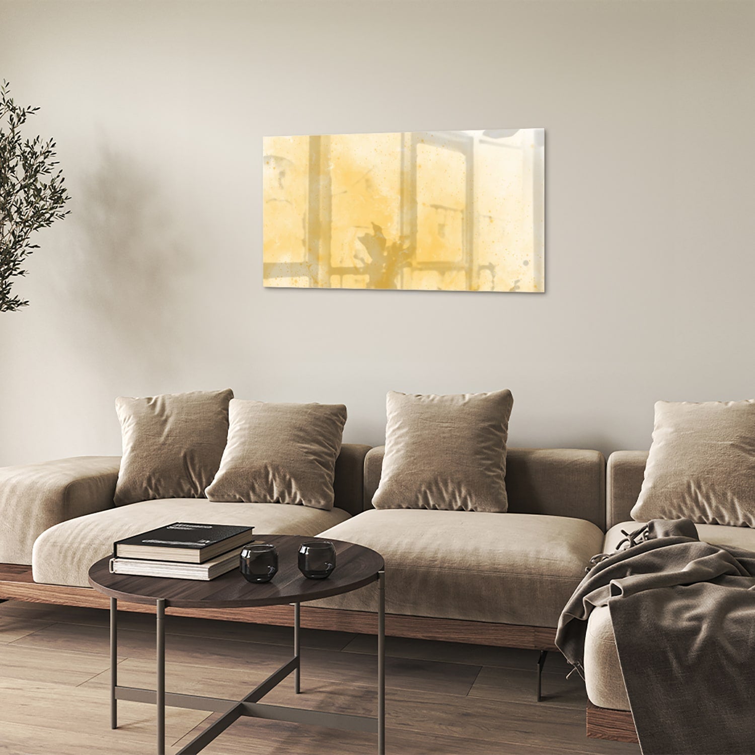 Goldenes abstraktes Glasbild für moderne Innenräume – Glasbild aus Sicherheitsglas, Größe 100x60