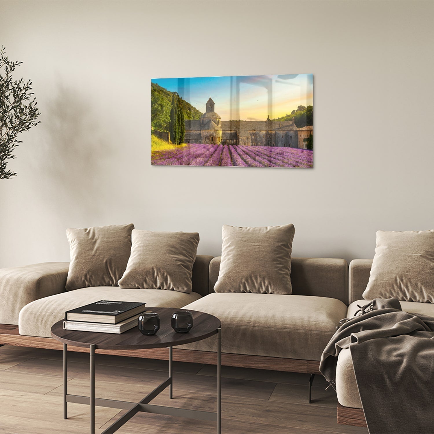 Wunderschönes Glasbild mit Lavendelfeldern – Glasbild aus Sicherheitsglas, Größe 100x60