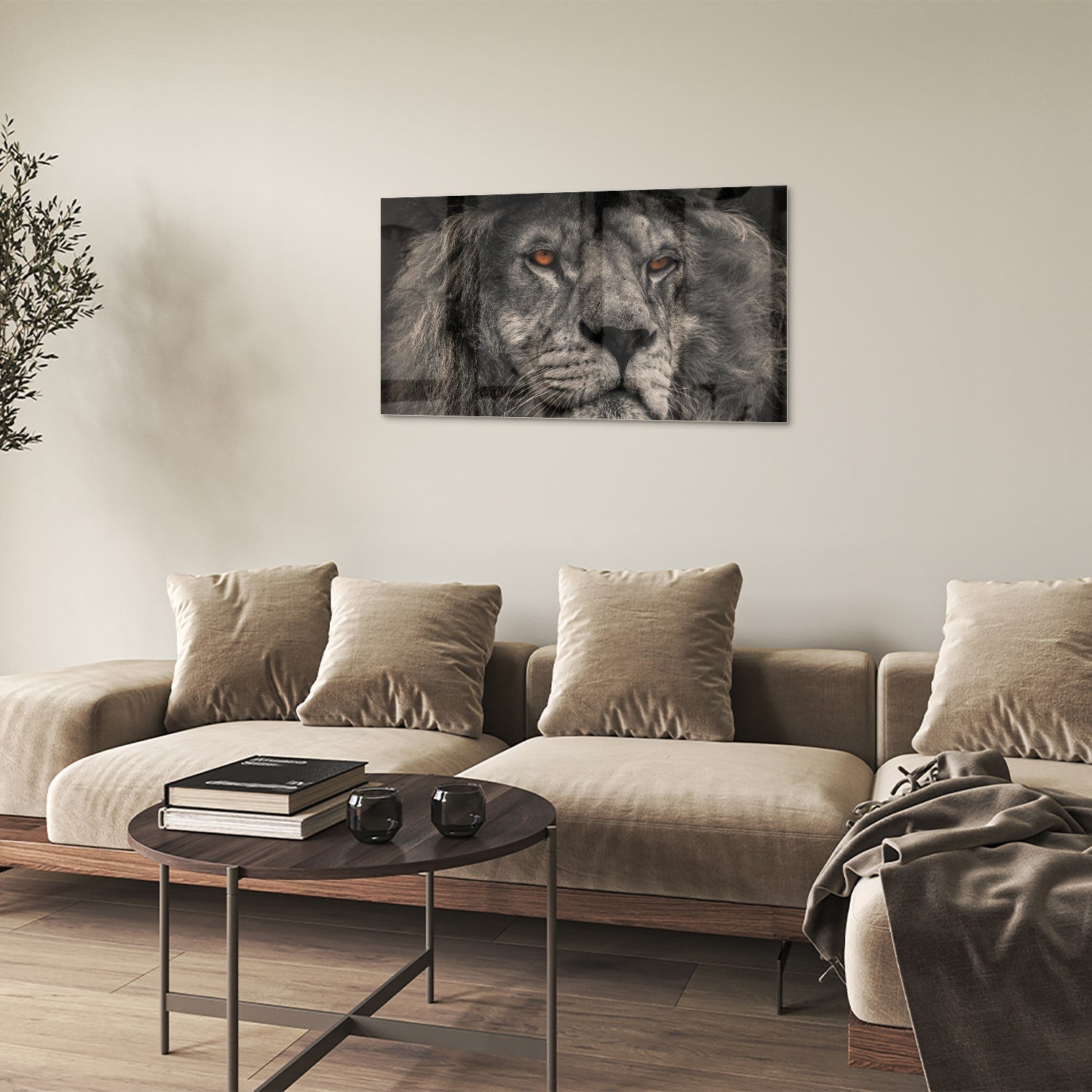 Schwarz-Weiß-Glasbild mit majestätischem Löwen – Glasbild aus Sicherheitsglas, Größe 100x60