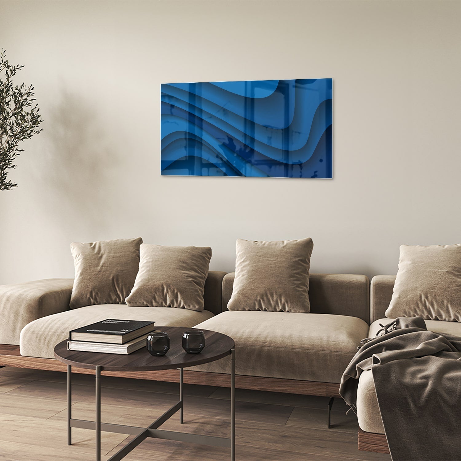 Modernes Glasbild in verschiedenen Blautönen – Glasbild aus Sicherheitsglas, Größe 100x60