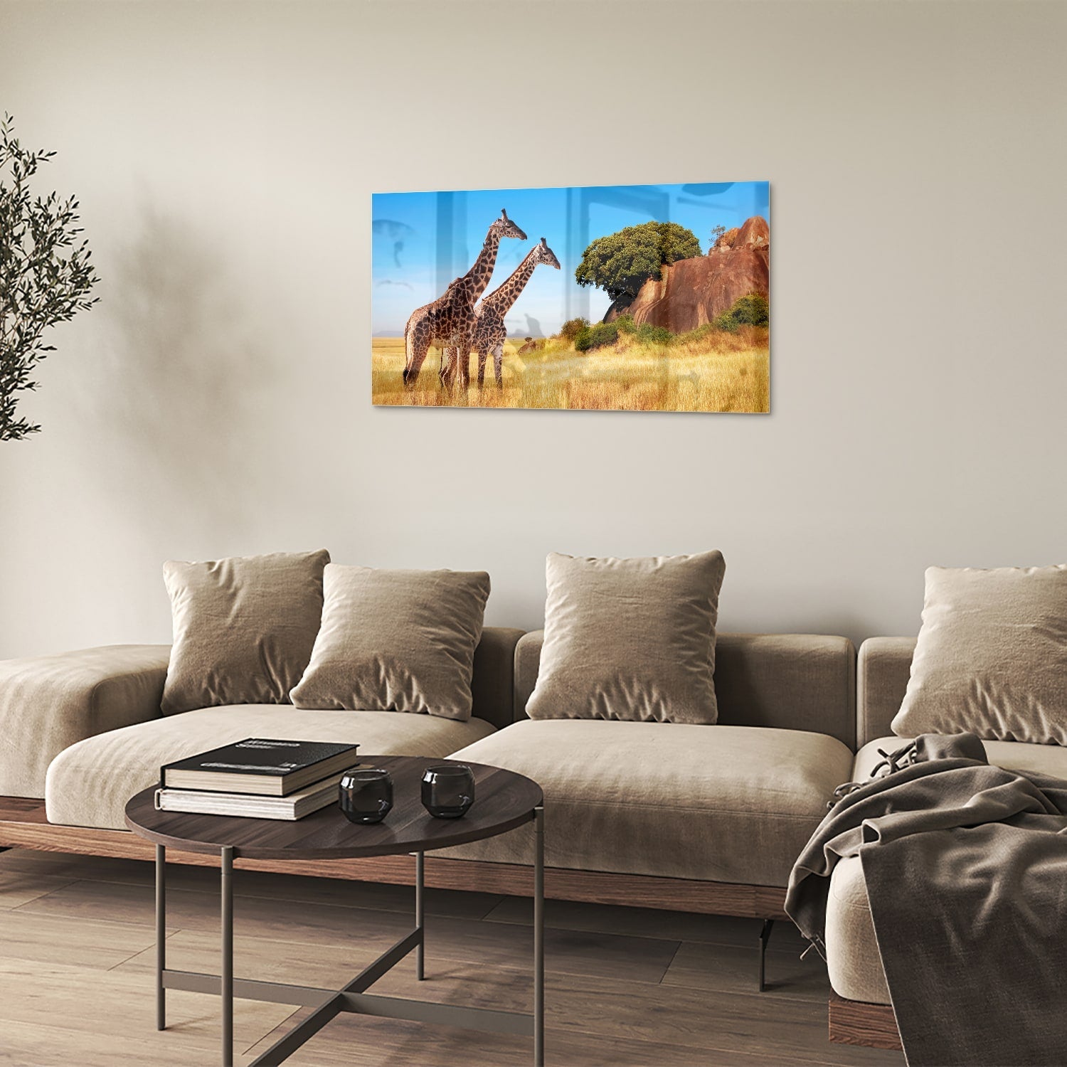 Glasbild mit zwei Giraffen in der afrikanischen Landschaft – Glasbild aus Sicherheitsglas, Größe 100x60