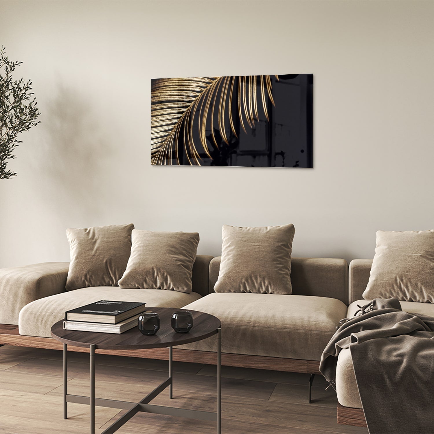 Goldfarbenes Glasbild mit Palmblatt auf schwarzem Hintergrund – Glasbild aus Sicherheitsglas, Größe 100x60