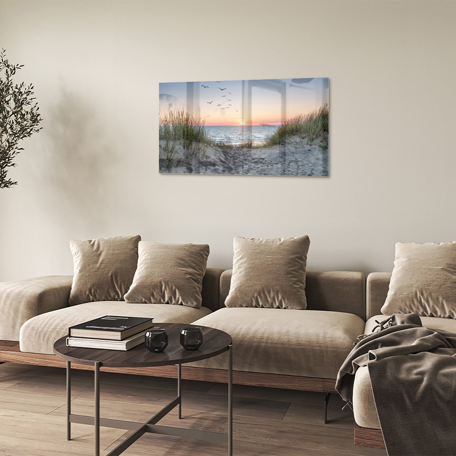 Glasbild mit ruhigem Sonnenuntergang am See – Glasbild aus Sicherheitsglas, Größe 100x60