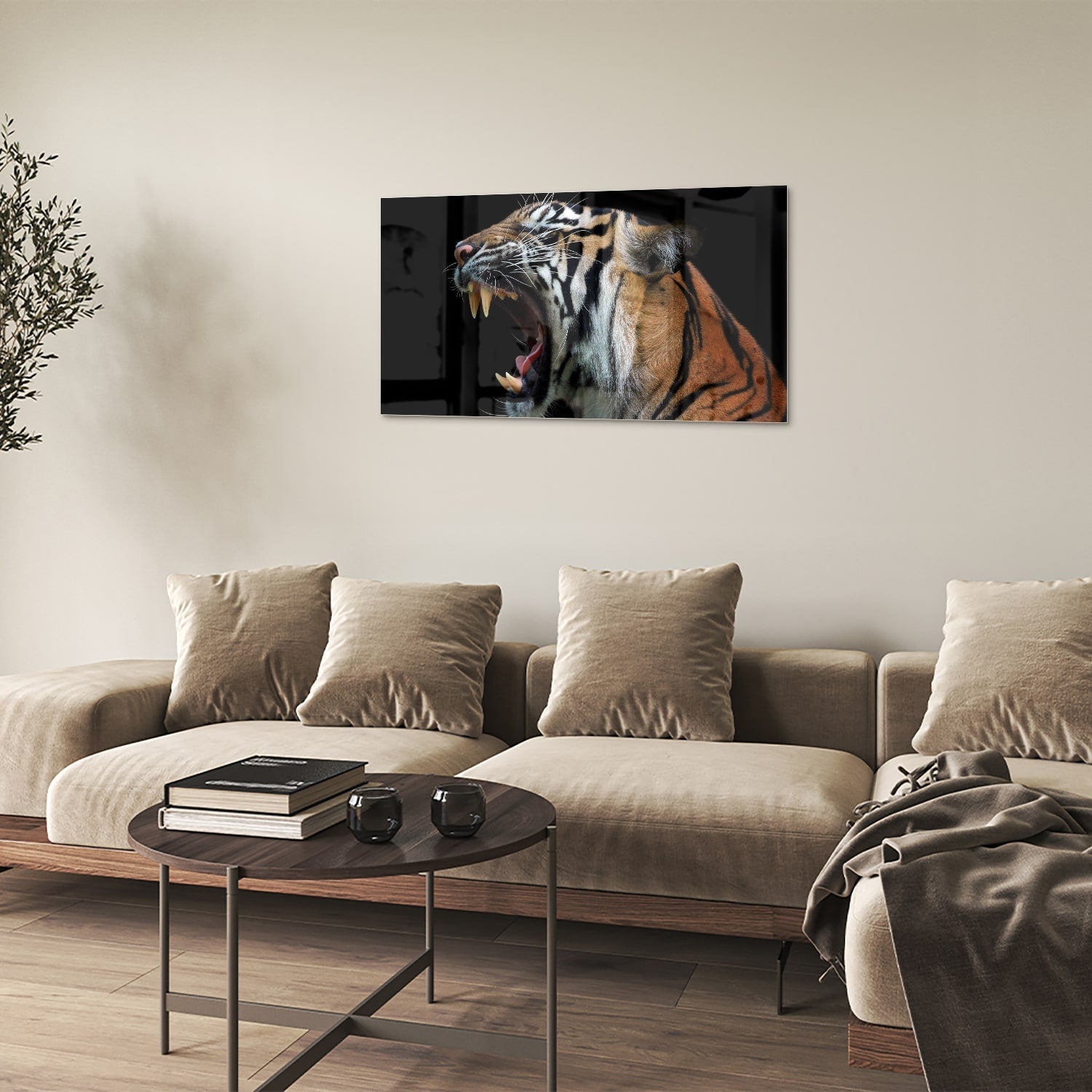 Beeindruckendes Glasbild mit einem brüllenden Tiger – Glasbild aus Sicherheitsglas, Größe 100x60