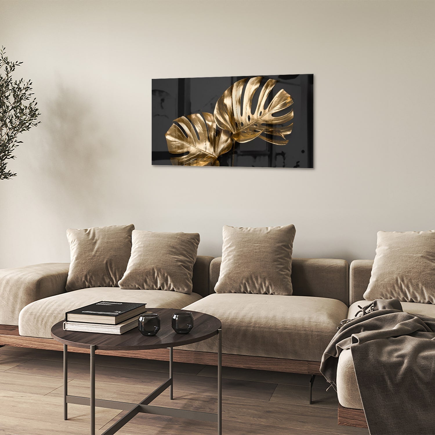 Goldenes Monstera-Glasbild für Wanddekoration – Glasbild aus Sicherheitsglas, Größe 100x60