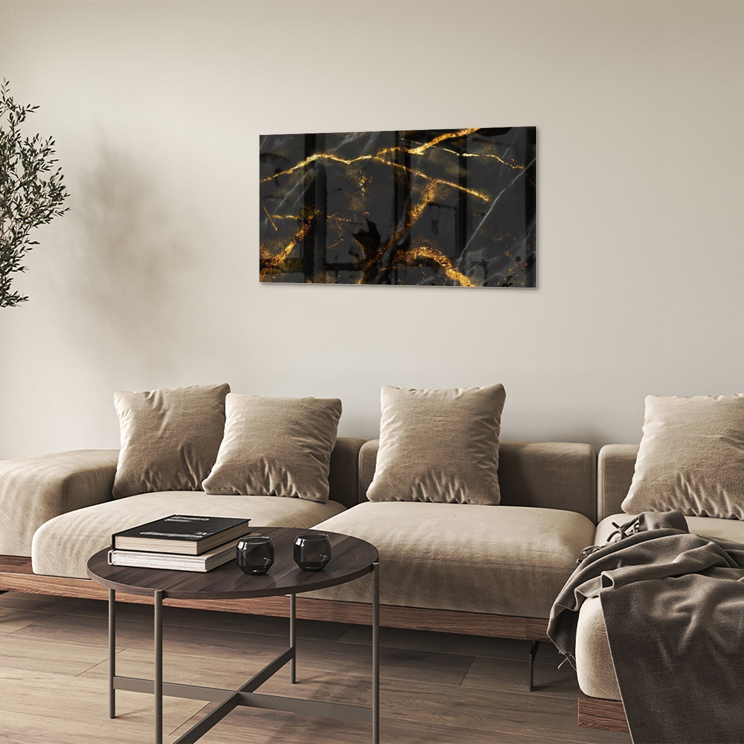 Glasbild mit schwarzem und goldenem Marmordesign – Glasbild aus Sicherheitsglas, Größe 100x60
