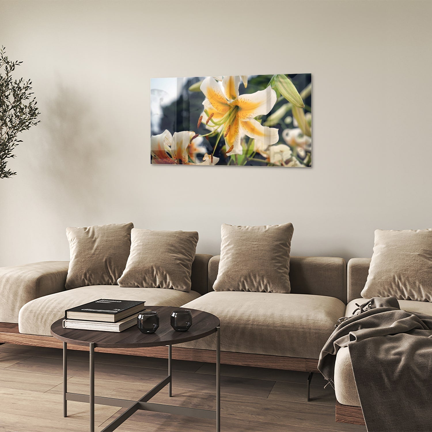 Elegantes Glasbild mit Lilien – Glasbild aus Sicherheitsglas, Größe 100x60