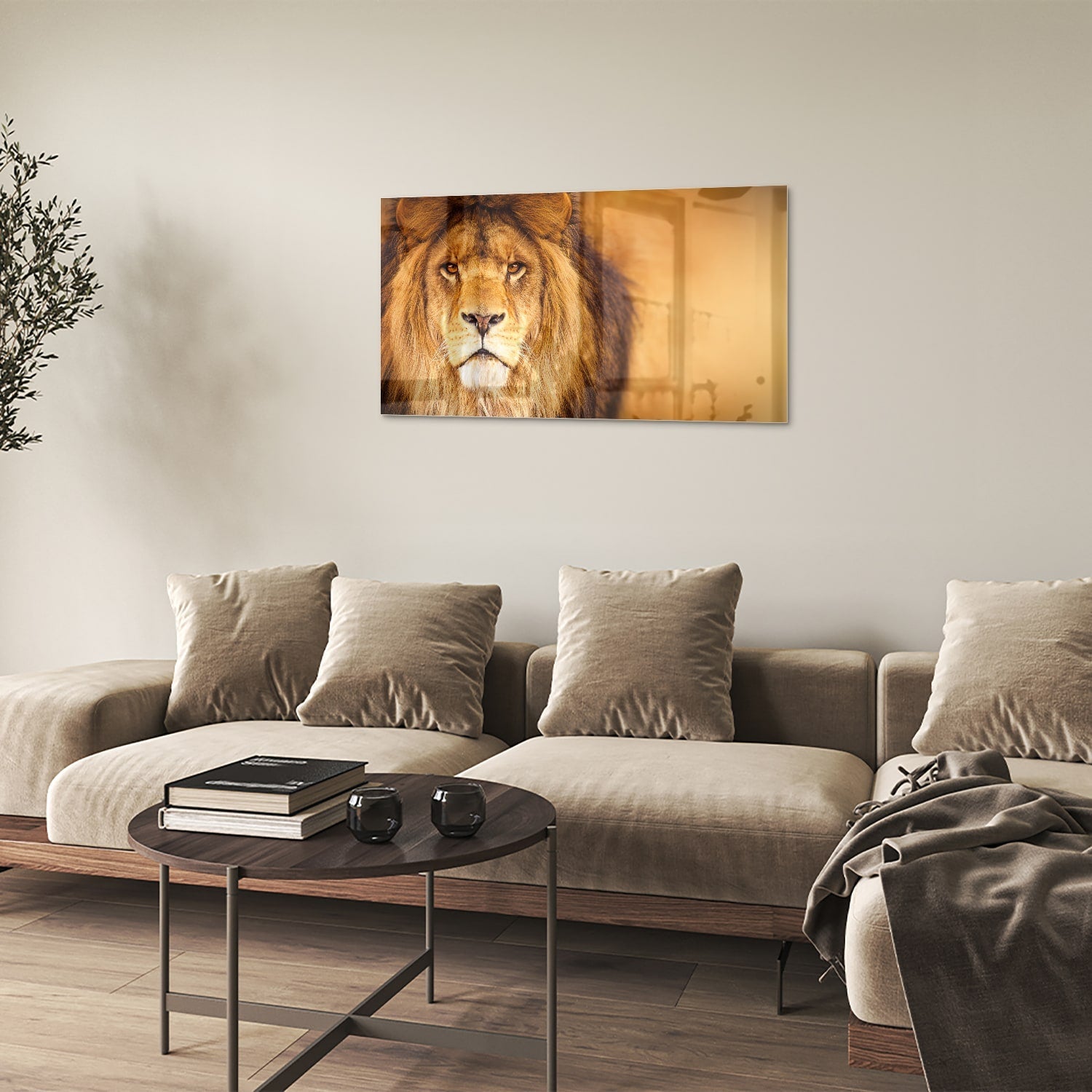 Glasbild mit majestätischem Löwen für Ihr Interieur – Glasbild aus Sicherheitsglas, Größe 100x60
