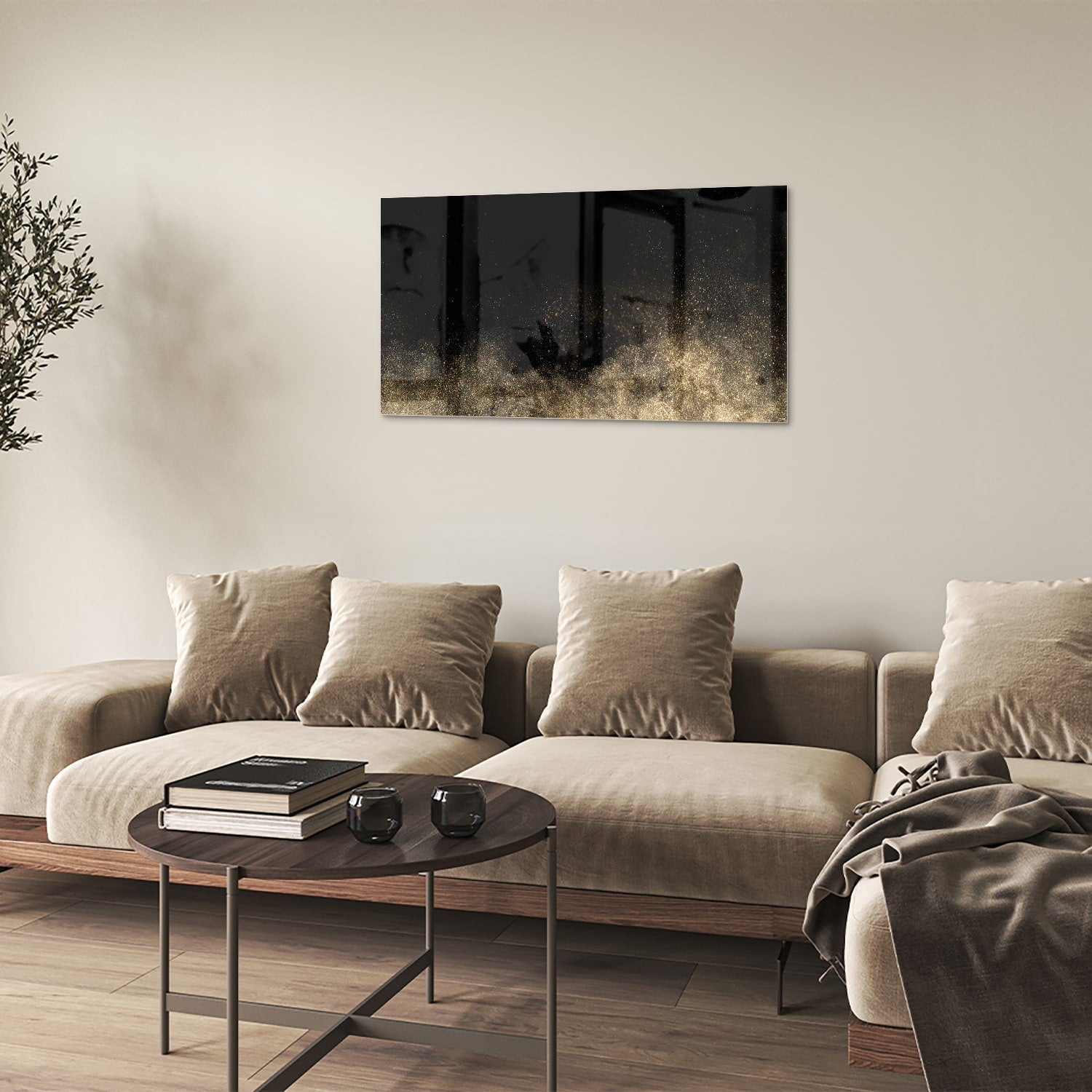 Stilvolles Glasbild mit schwarzen und goldenen Akzenten – Glasbild aus Sicherheitsglas, Größe 100x60