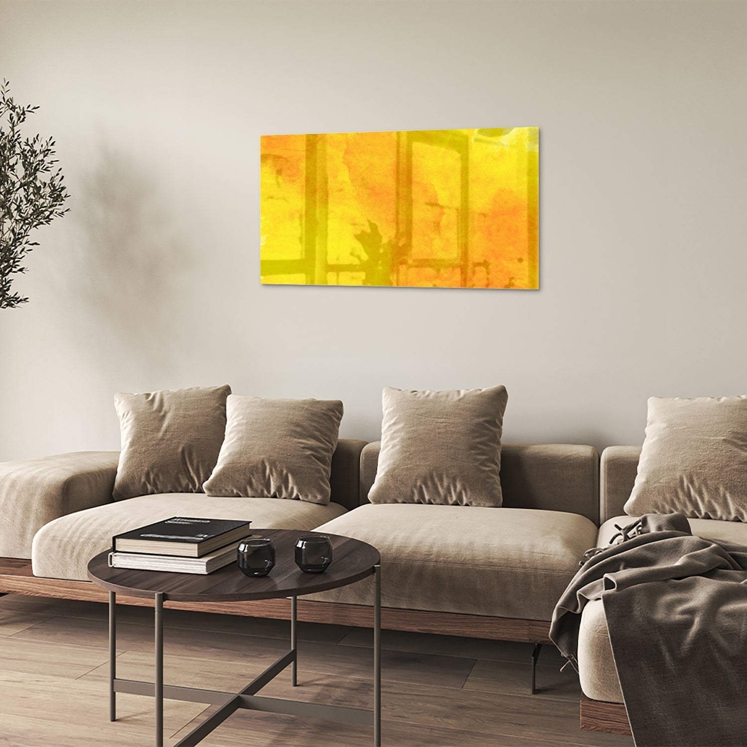 Leuchtend gelbes Glasbild für ein geradliniges Interieur – Glasbild aus Sicherheitsglas, Größe 100x60